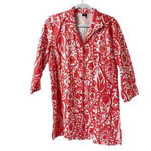 Connie Roberson Knot Buttons Tunic Top Size S Red White Floral 100%‎ Linen USA
